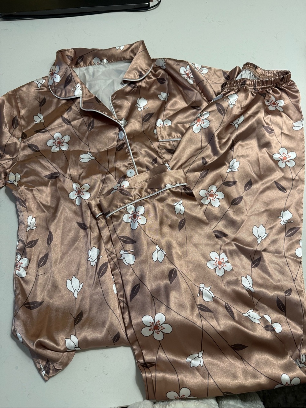 Satin Floral Pajama Set - Blush Brown with White Flowers